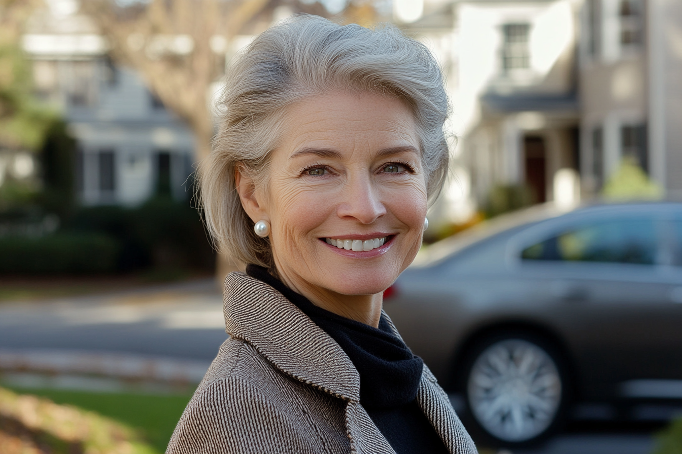 Elegant woman in her 60s smiling in her front yard | Source: Midjourney