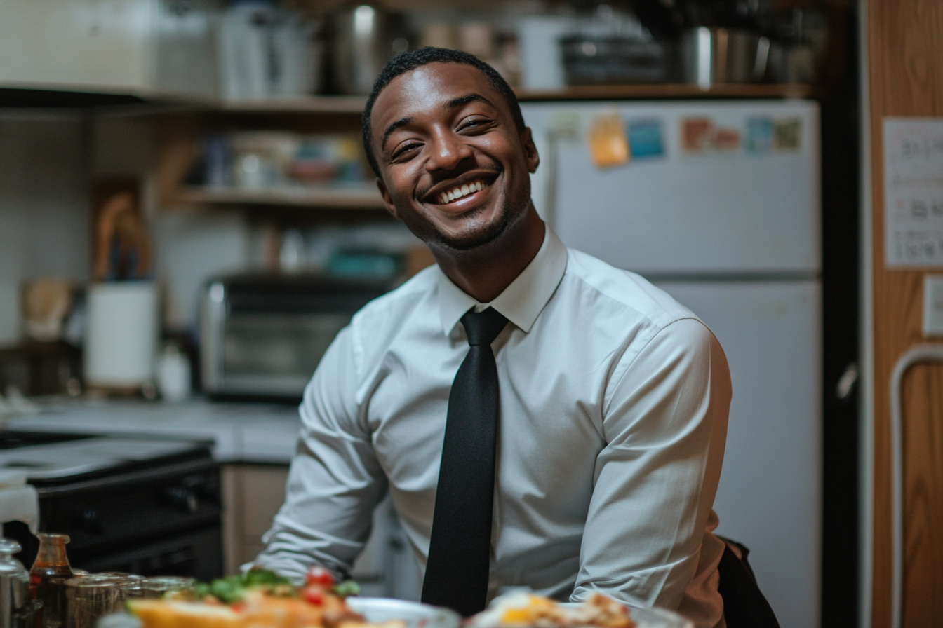 A man smiling while sitting at a table in a kitchen with dinner served | Source: Midjourney