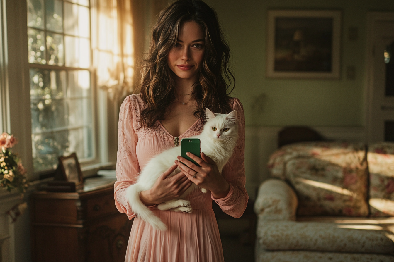 Une femme debout dans un salon, tenant un chat et un téléphone, souriant | Source : Midjourney