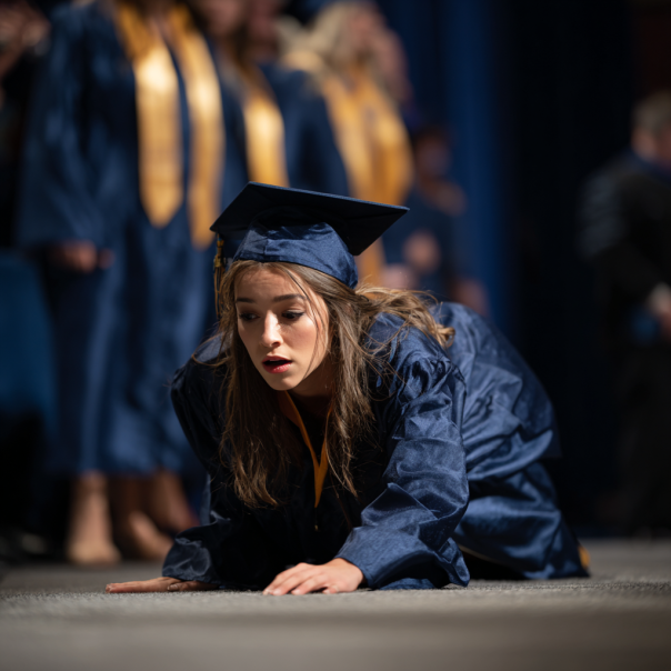 A graduate reacts after falling | Source: Midjourney