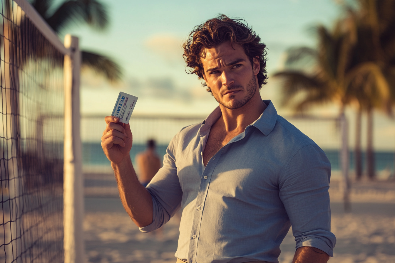 Man in his 30s at the beach holding up a driver's license near a volleyball court | Source: Midjourney