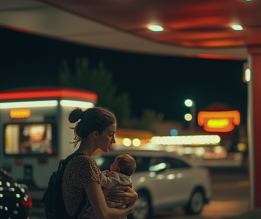 Frustrated woman carrying her baby | Source: Midjourney