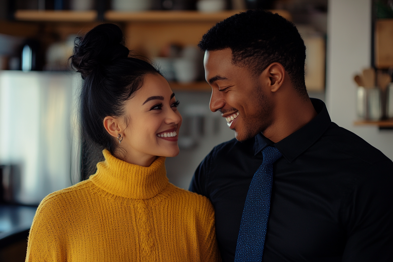 A woman and man smiling at each other, standing in a kitchen | Source: Midjourney