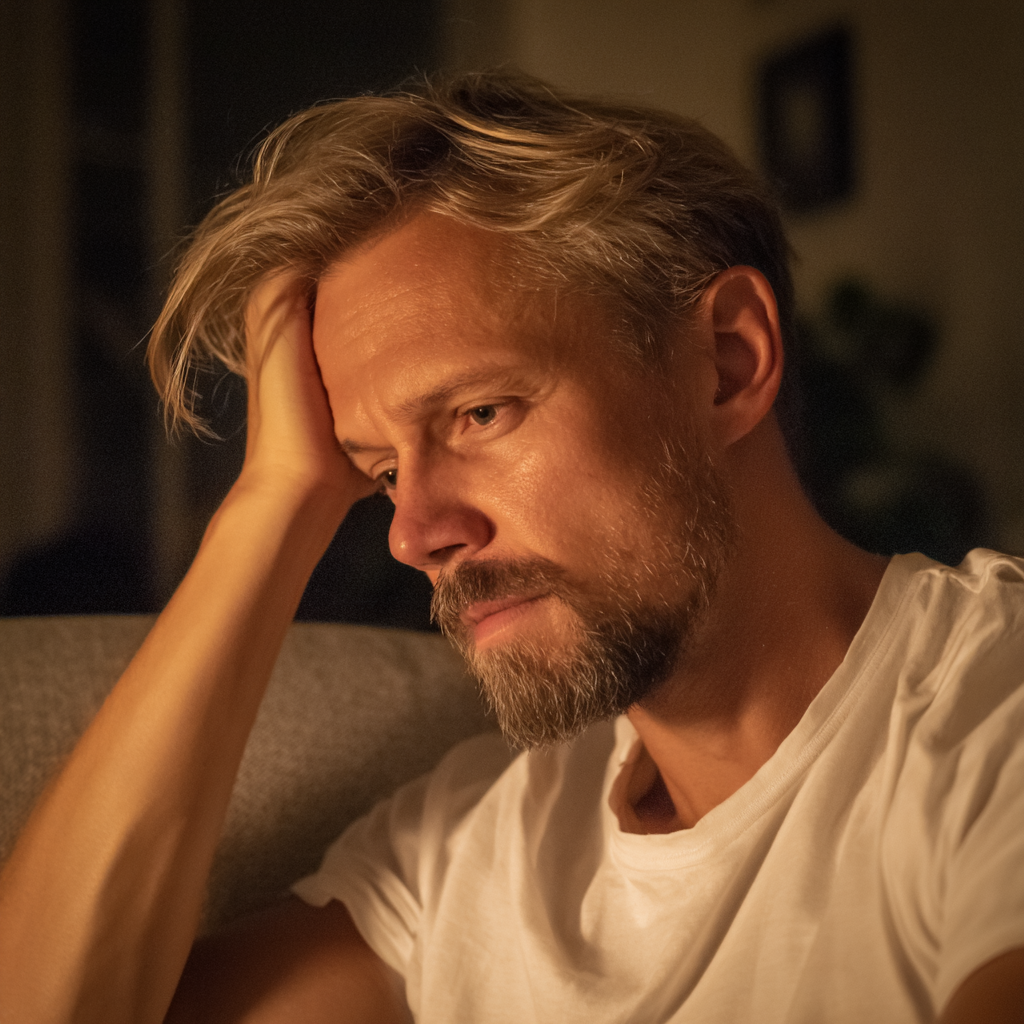 An upset man sitting on a couch | Source: Midjourney