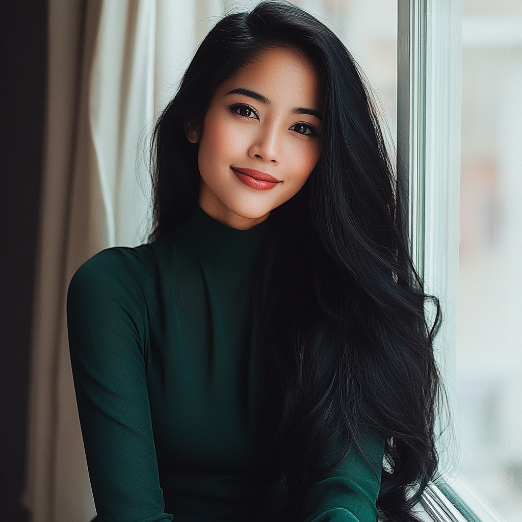 A smiling woman sitting by a window | Source: Midjourney
