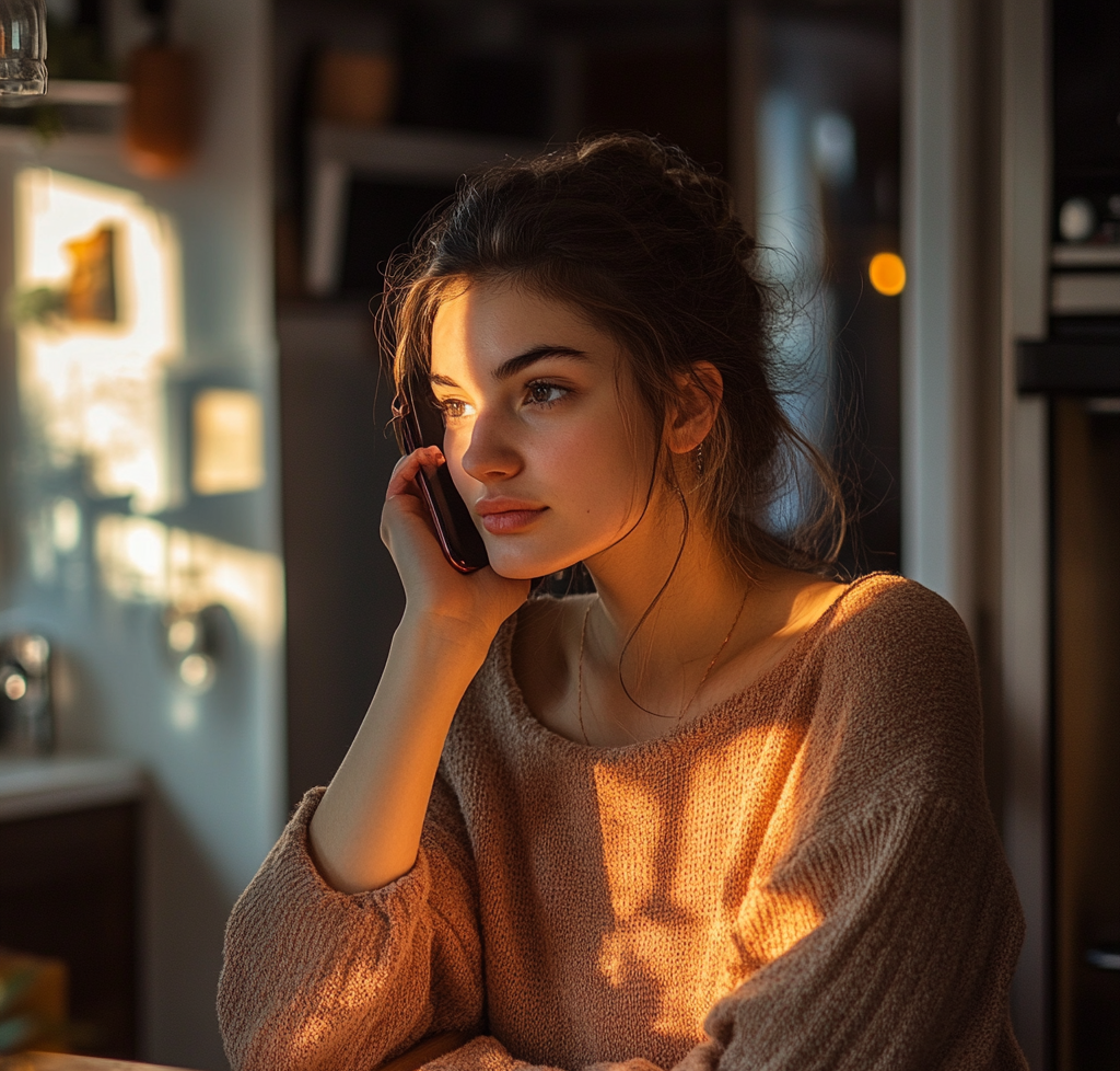 Woman in her kitchen making a phone call | Source: Midjourney