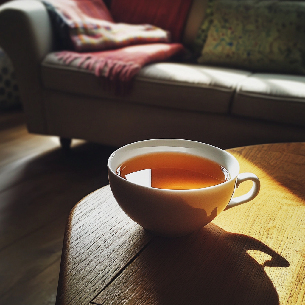 Flight Attendant Woke Me Up & Told Me to Check My Husband's Bag While He Was Away — I Never Expected What I Found 30 A cup of tea on a coffee table | Source: Midjourney
