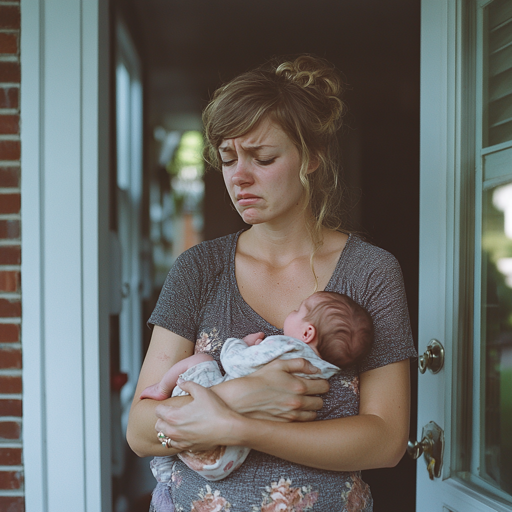 An upset woman carrying a baby | Source: Midjourney