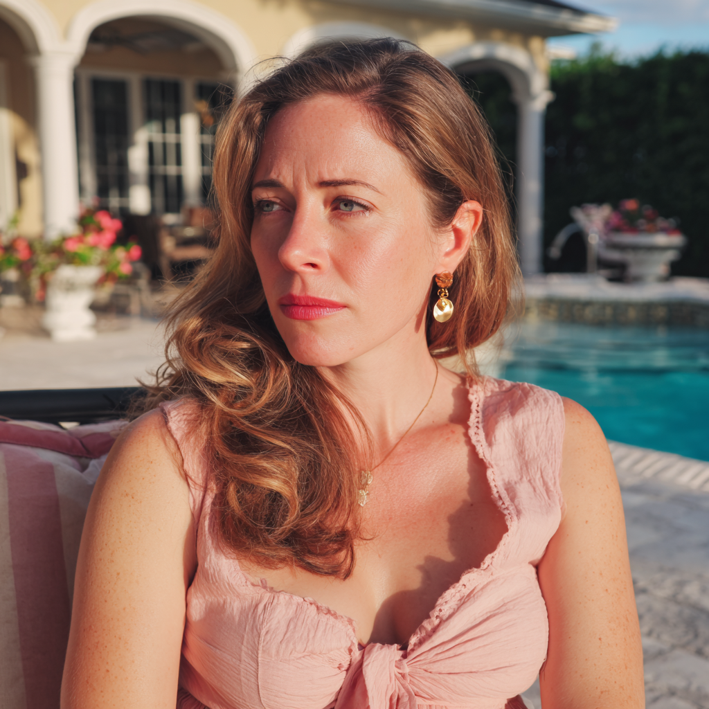 A frowning woman sitting by a pool | Source: Midjourney