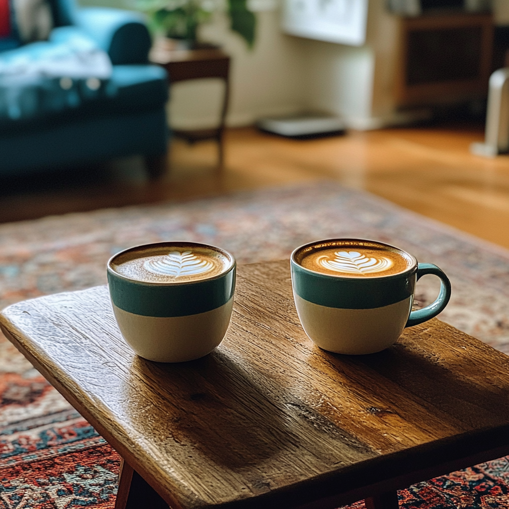 Two cups of coffee on a coffee table | Source: Midjourney