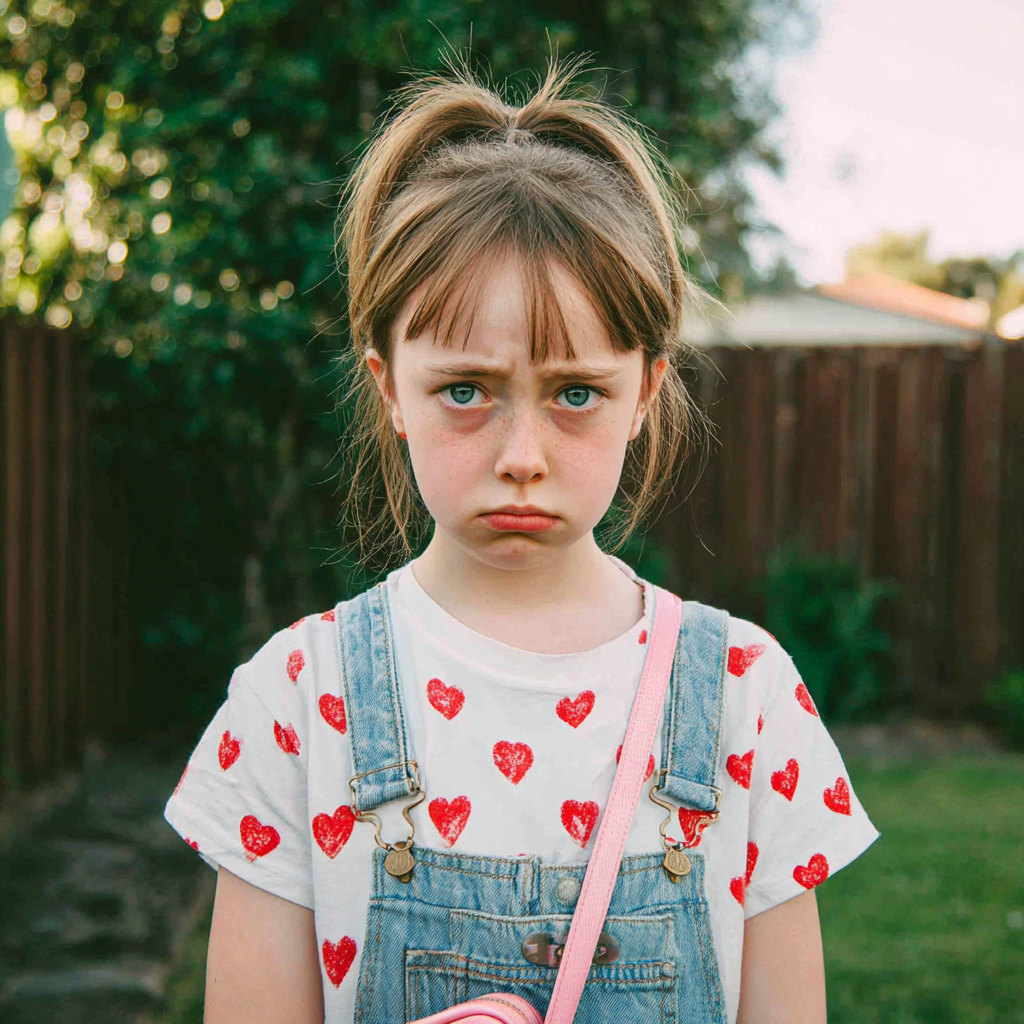 A close-up of an upset little girl in a backyard | Source: Midjourney