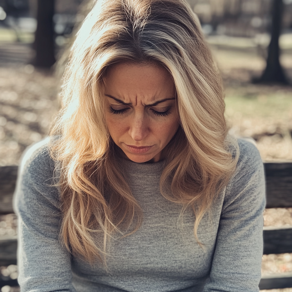 A woman sitting on a bench with her head bowed down | Source: Midjourney