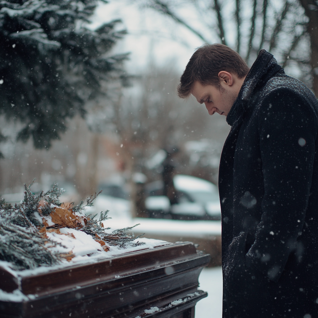 A man looking at his father's coffin | Source: Midjourney