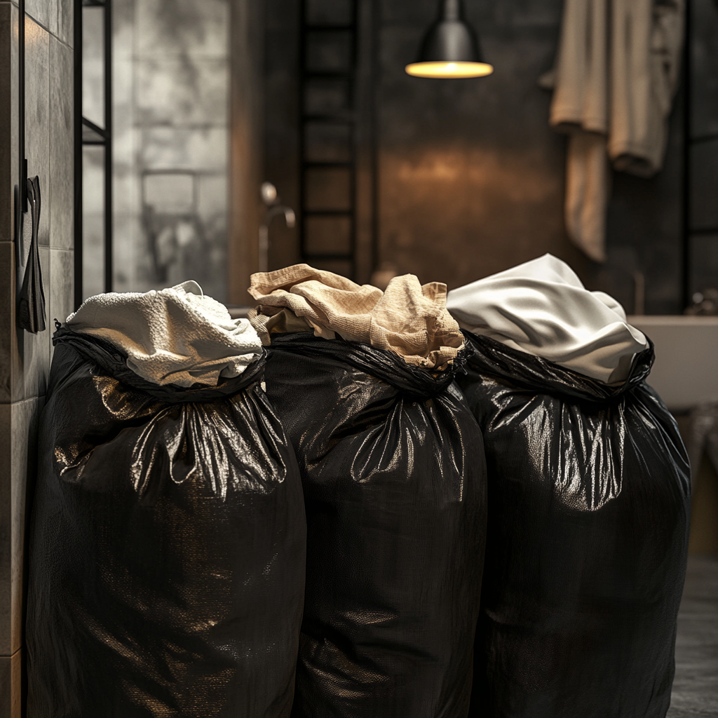 Three large garbage bags loaded with dirty laundry | Source: Midjourney