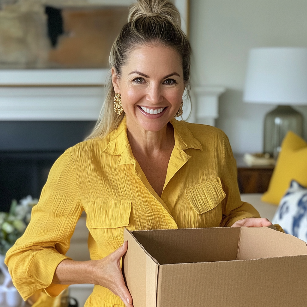 A smiling woman holding a box | Source: Midjourney