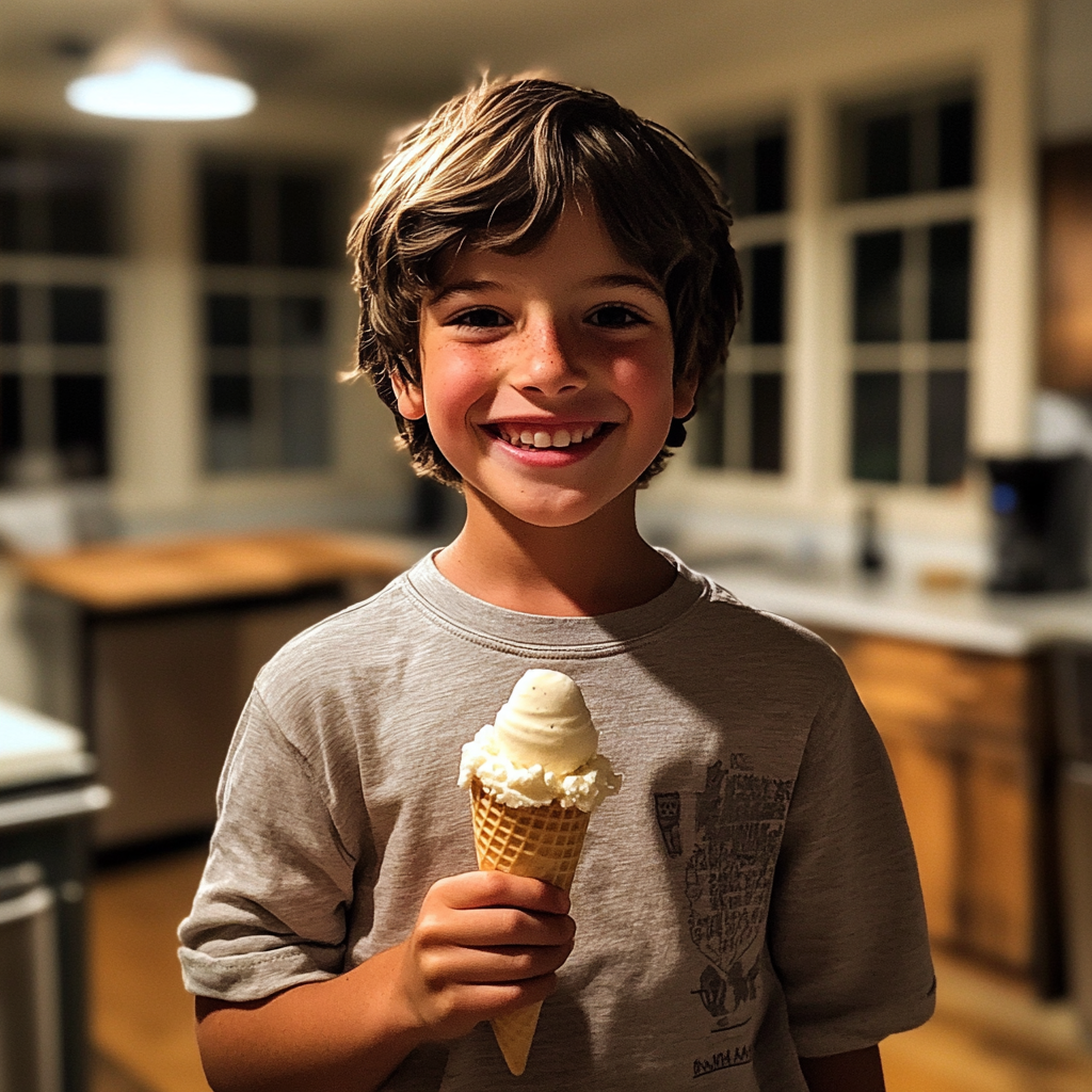 A little boy holding an ice cream cone | Source: Midjourney