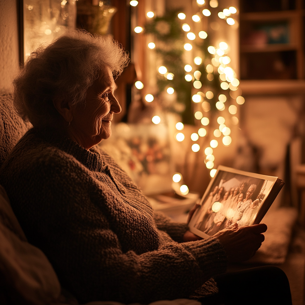 Une femme souriante regarde une photo de famille | Source : Midjourney