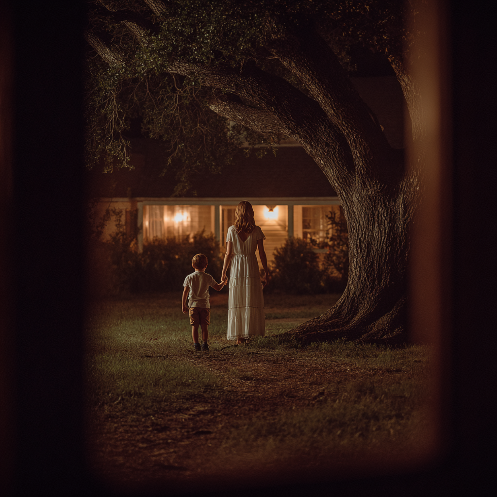 A woman standing with a little boy outside a house | Source: Midjourney