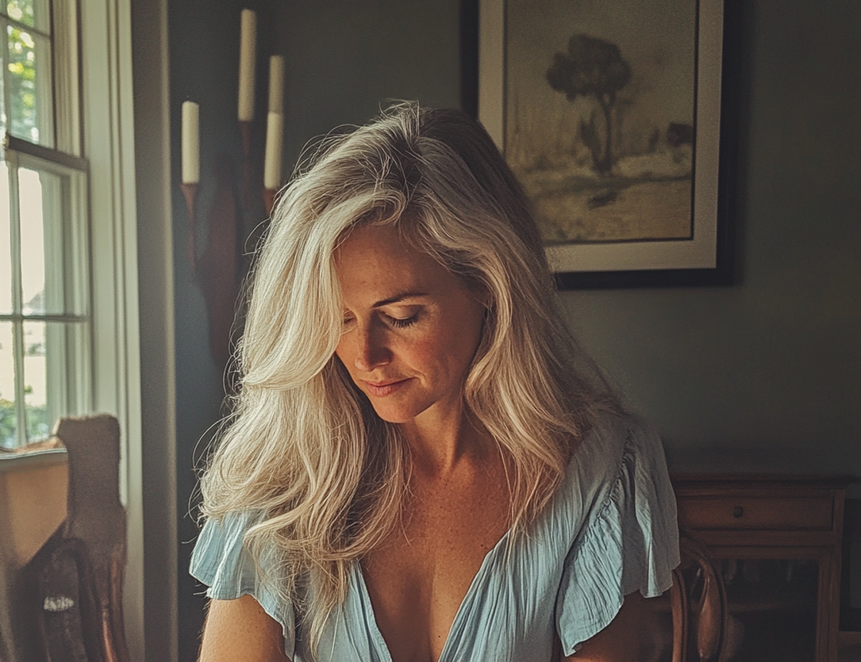 A woman sitting at a table | Source: Midjourney