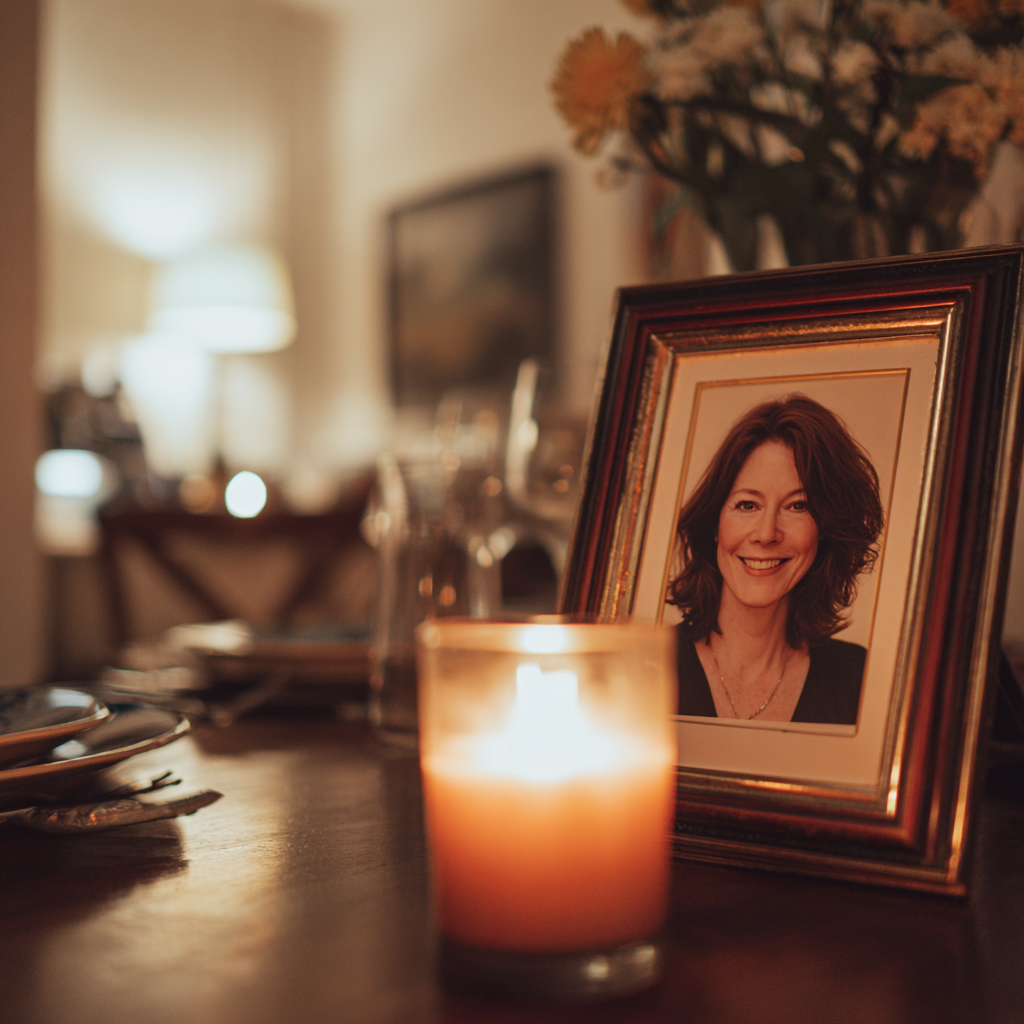 A lit candle in front of a framed photo | Source: Midjourney