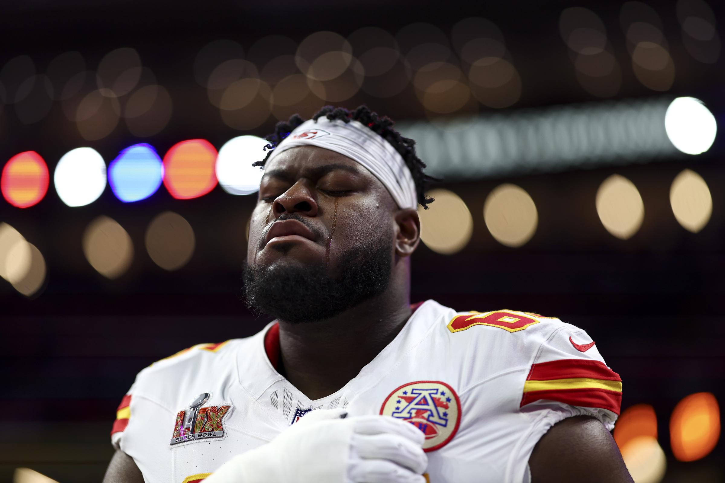 Trey Smith of the Kansas City Chiefs crying during Super Bowl LIX against the Philadelphia Eagles on February 9, 2025. | Source: Getty Images