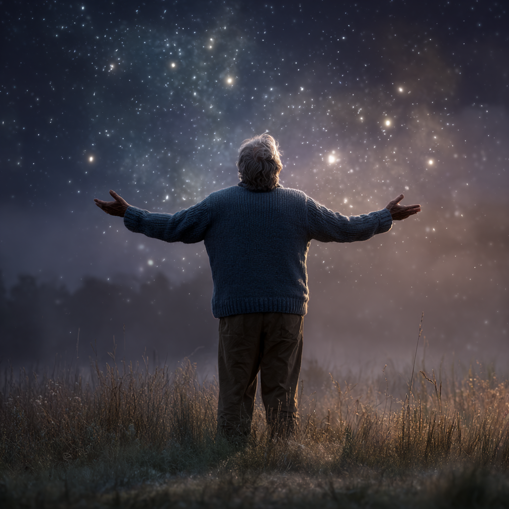 An older man watching the stars with his arms outstretched | Source: Midjourney
