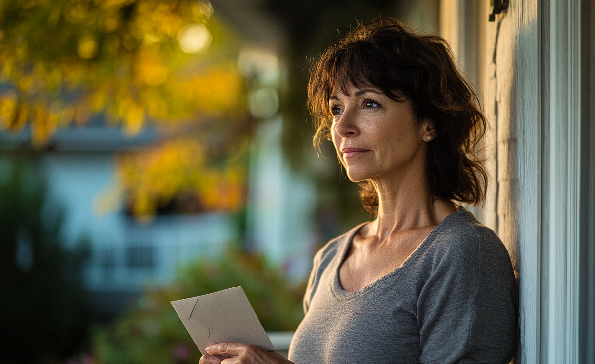 A woman holding an envelope | Source: Midjourney