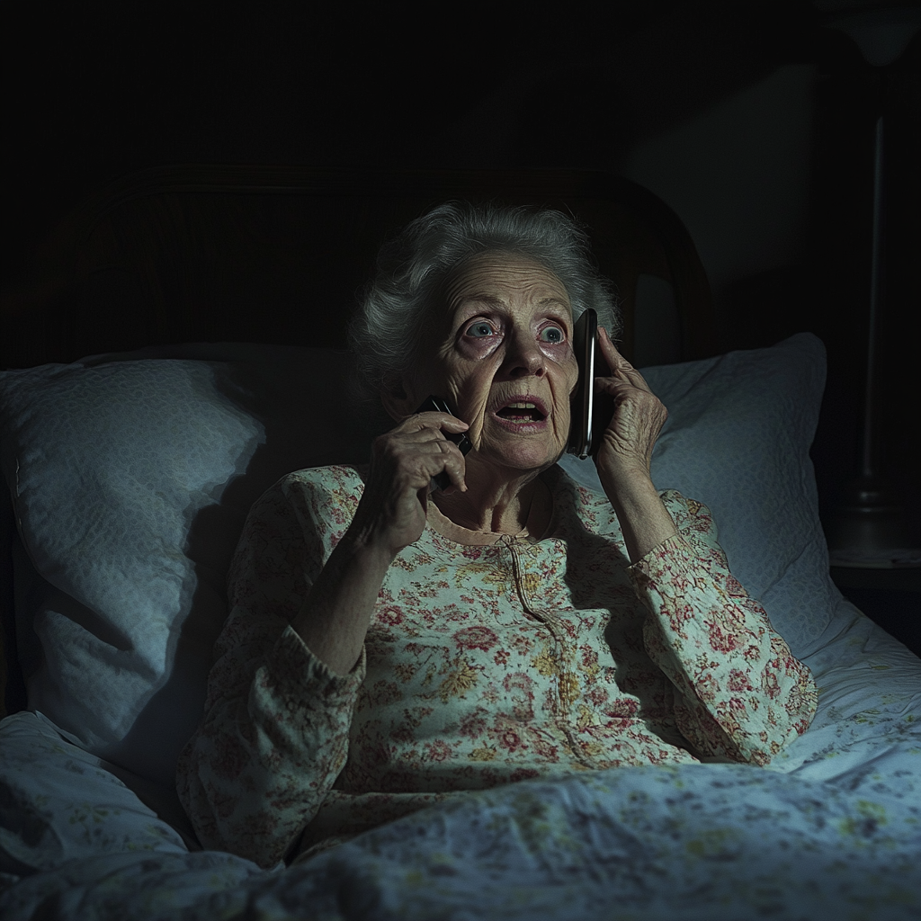 A scared elderly woman talking on her phone | Source: Midjourney