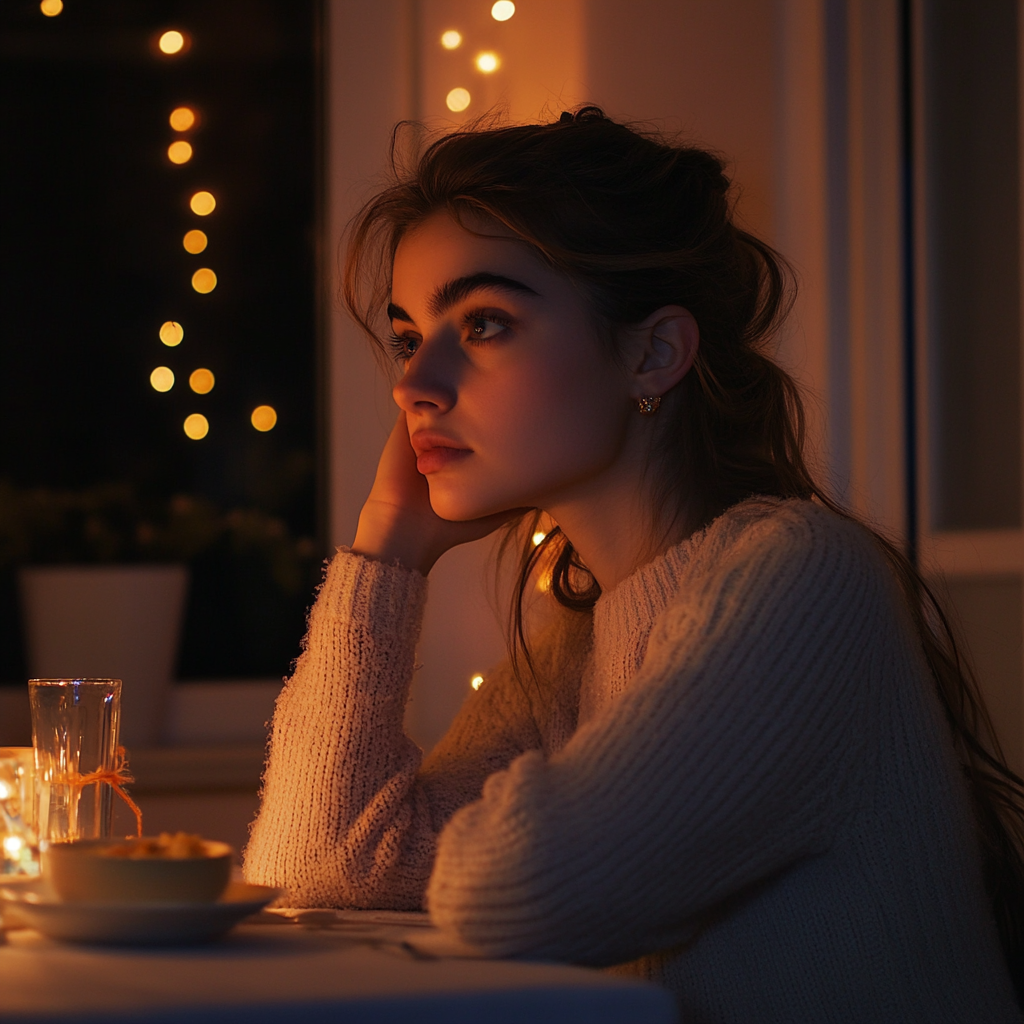 Une femme sérieuse à table | Source : Midjourney