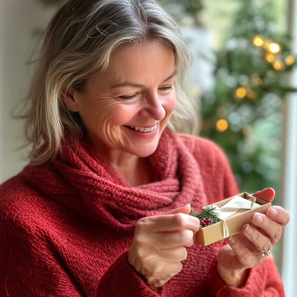 A smiling woman with a present | Source: Midjourney