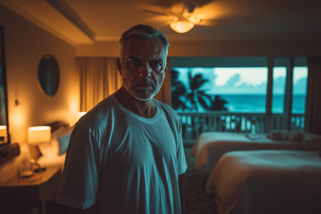 An angry man in a hotel room | Source: Midjourney