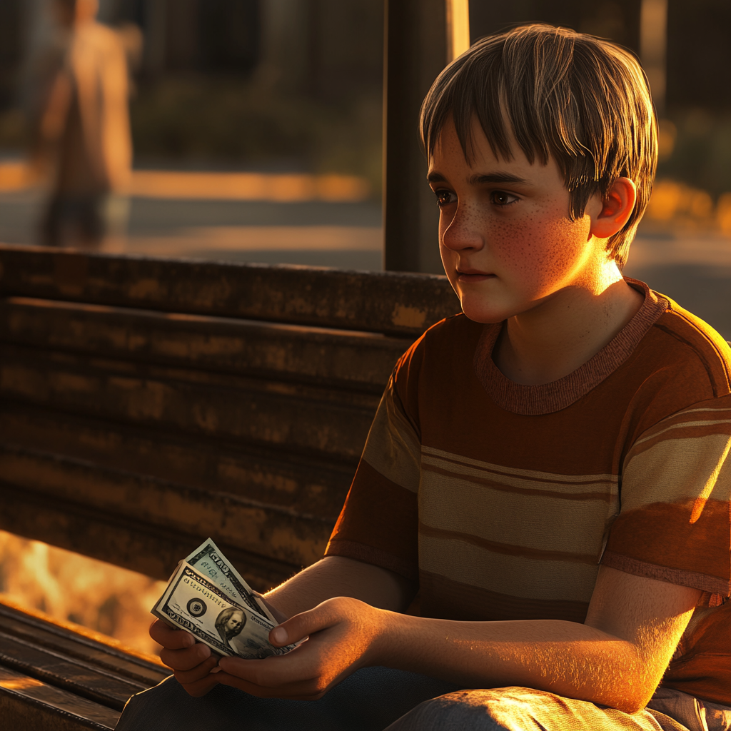 A boy sitting at a bus stop | Source: Midjourney