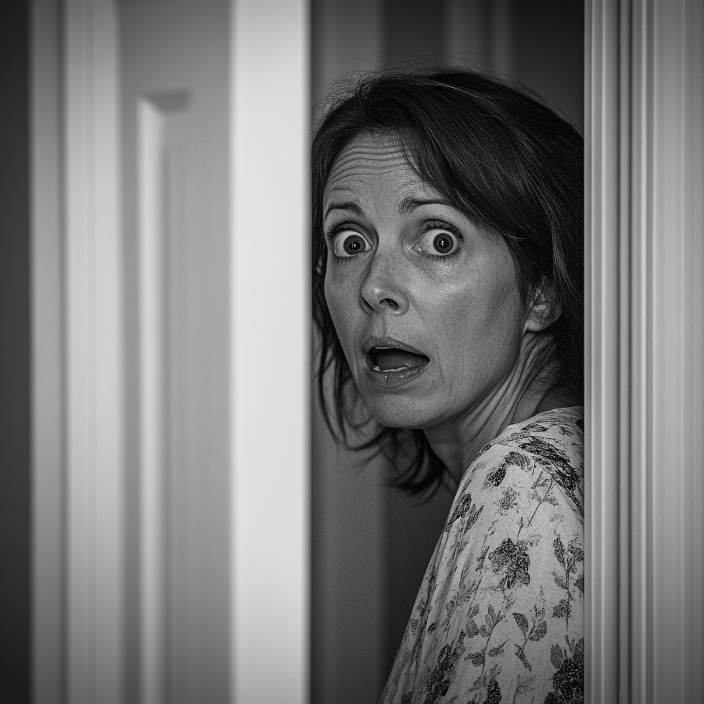 A shocked woman in her doorway | Source: Midjourney