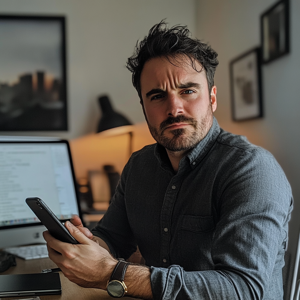 A grumpy man sitting at his desk | Source: Midjourney