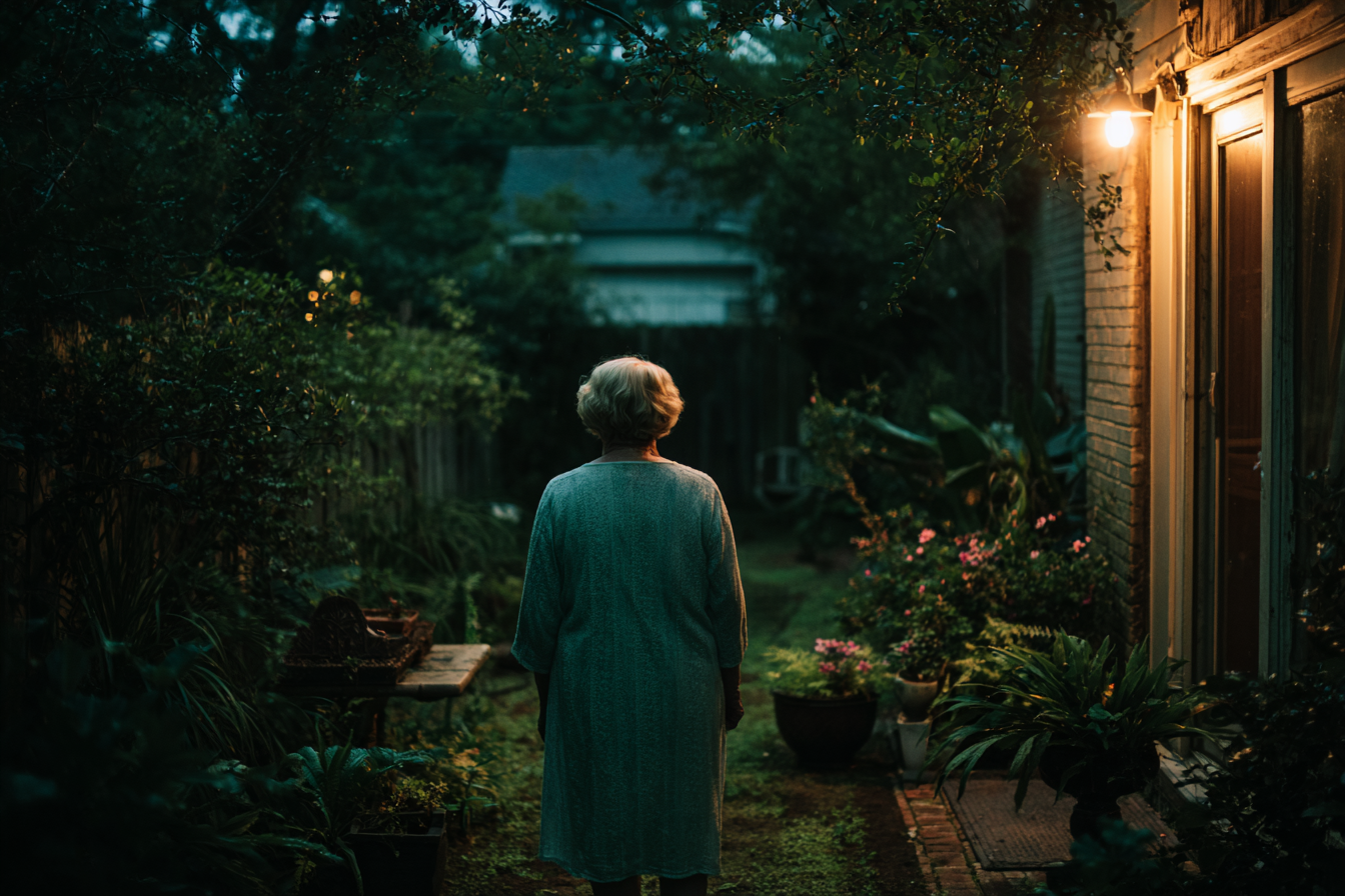 A woman walking back into the house | Source: Midjourney