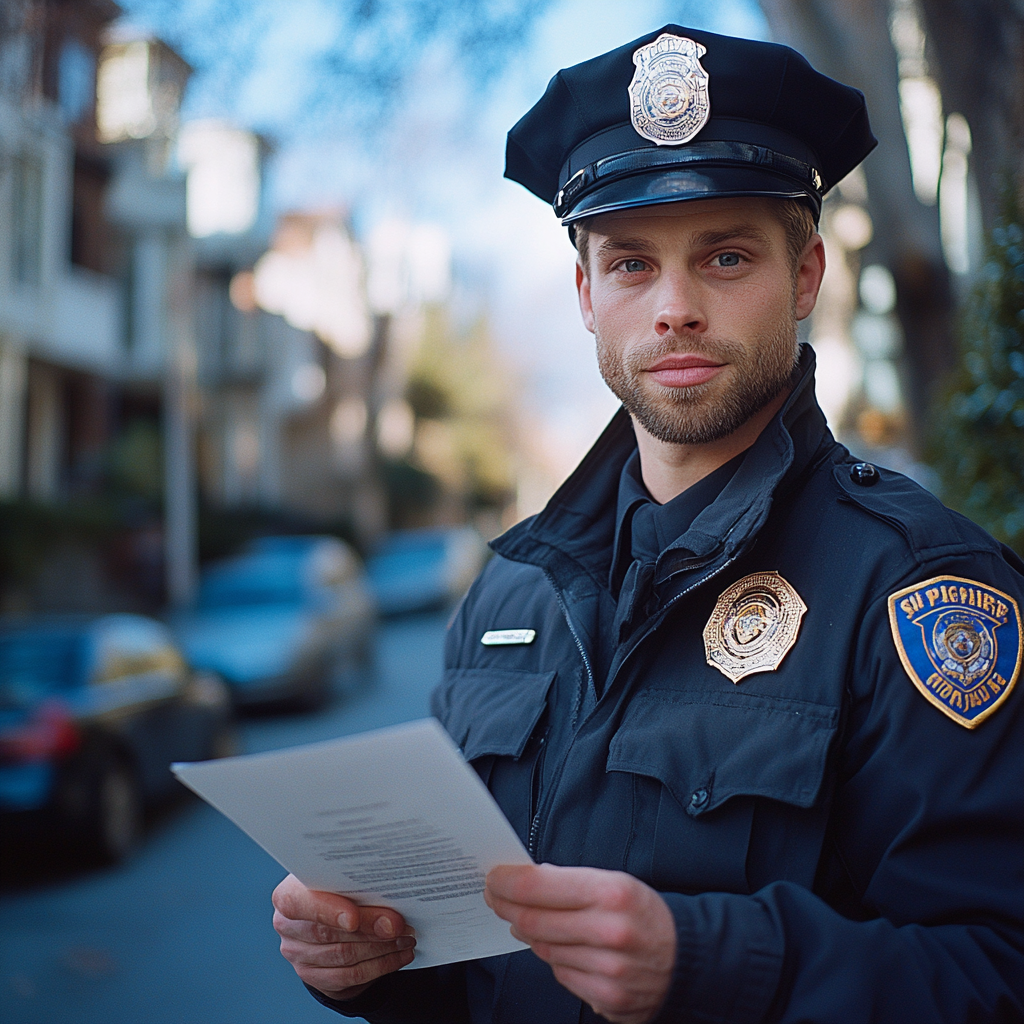 Un policía con un documento | Fuente: Midjourney