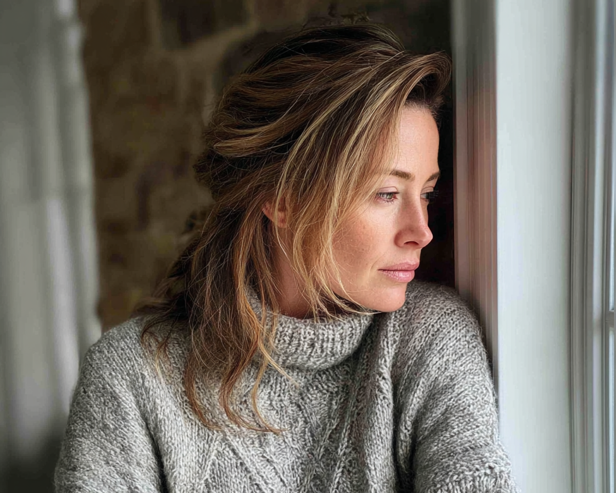 An upset woman looking out a window | Source: Midjourney