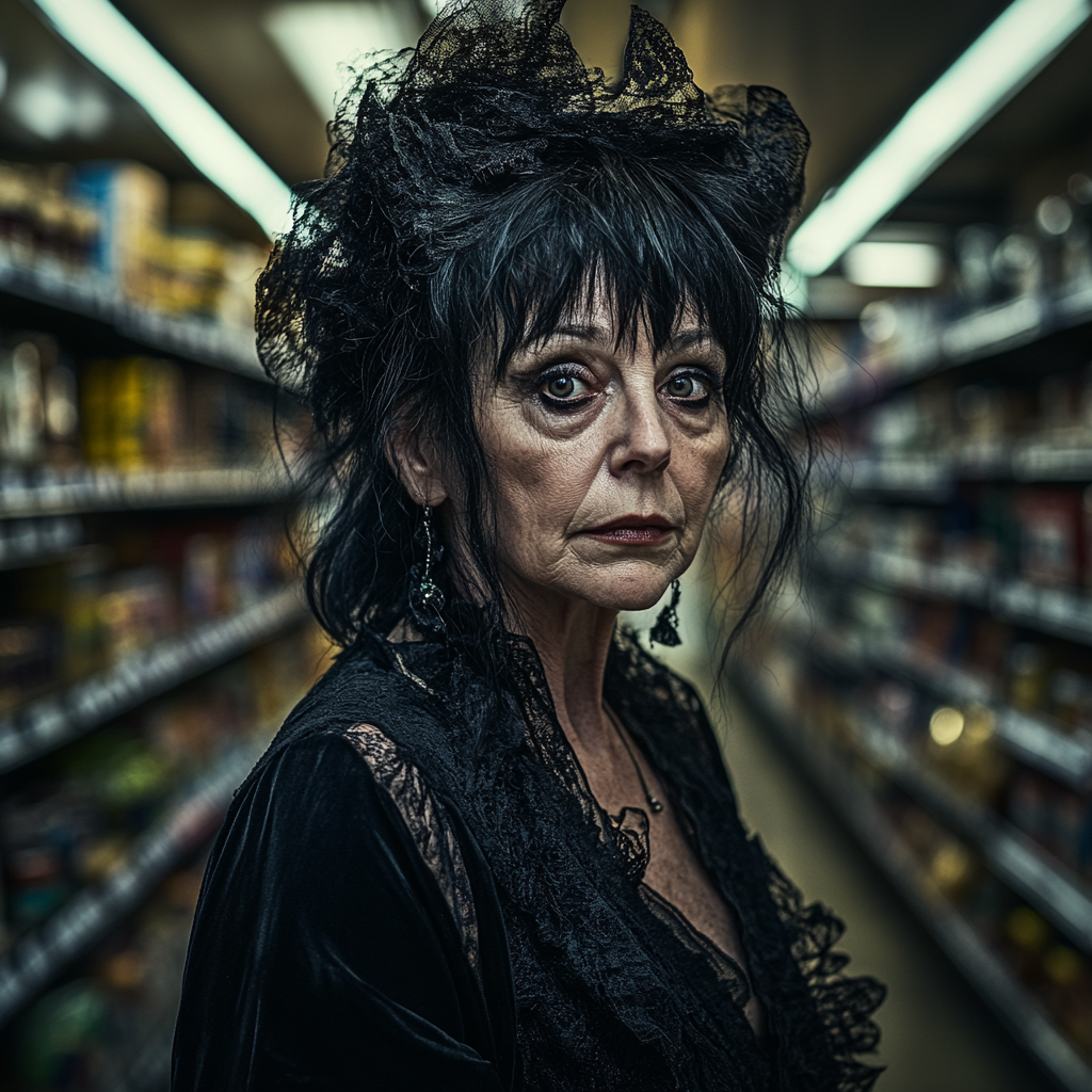 An old woman with dark messy hair and piercing eyes is standing in a grocery store | Source: Midjourney