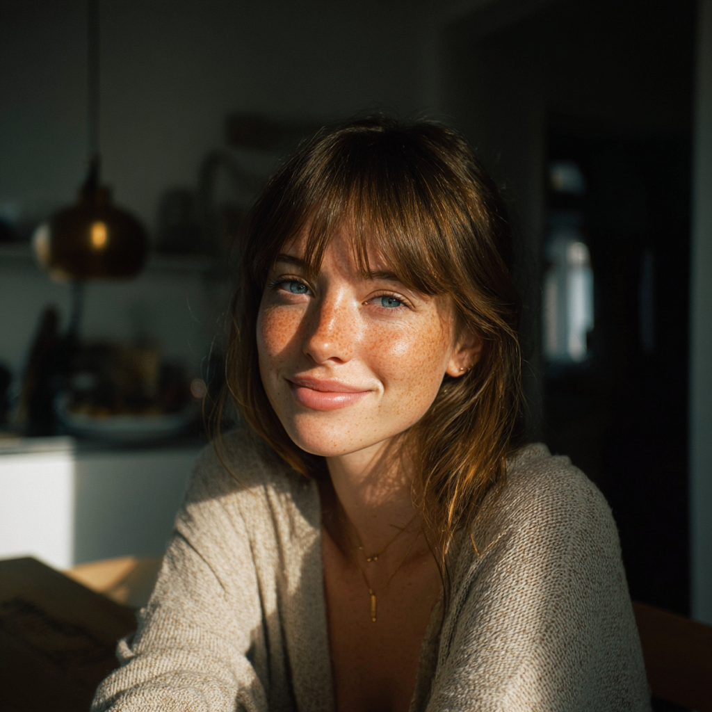 A smiling woman sitting at a kitchen table | Source: Midjourney