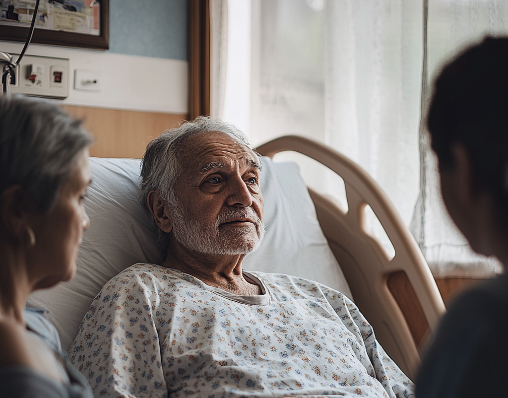 Hospitalized senior man talking to his family | Source: Midjourney