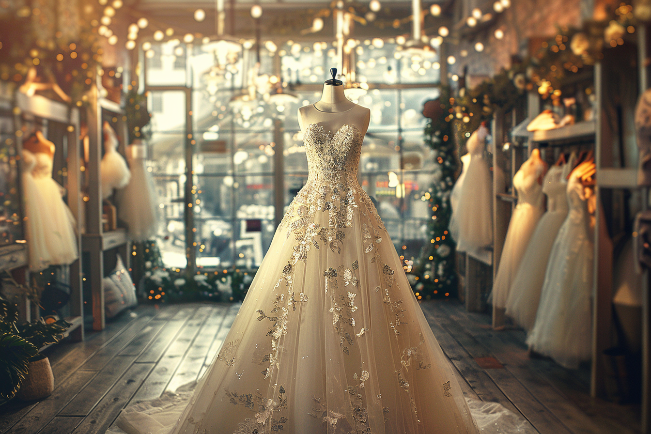 A stunning wedding gown on display in a bridal boutique | Source: Midjourney