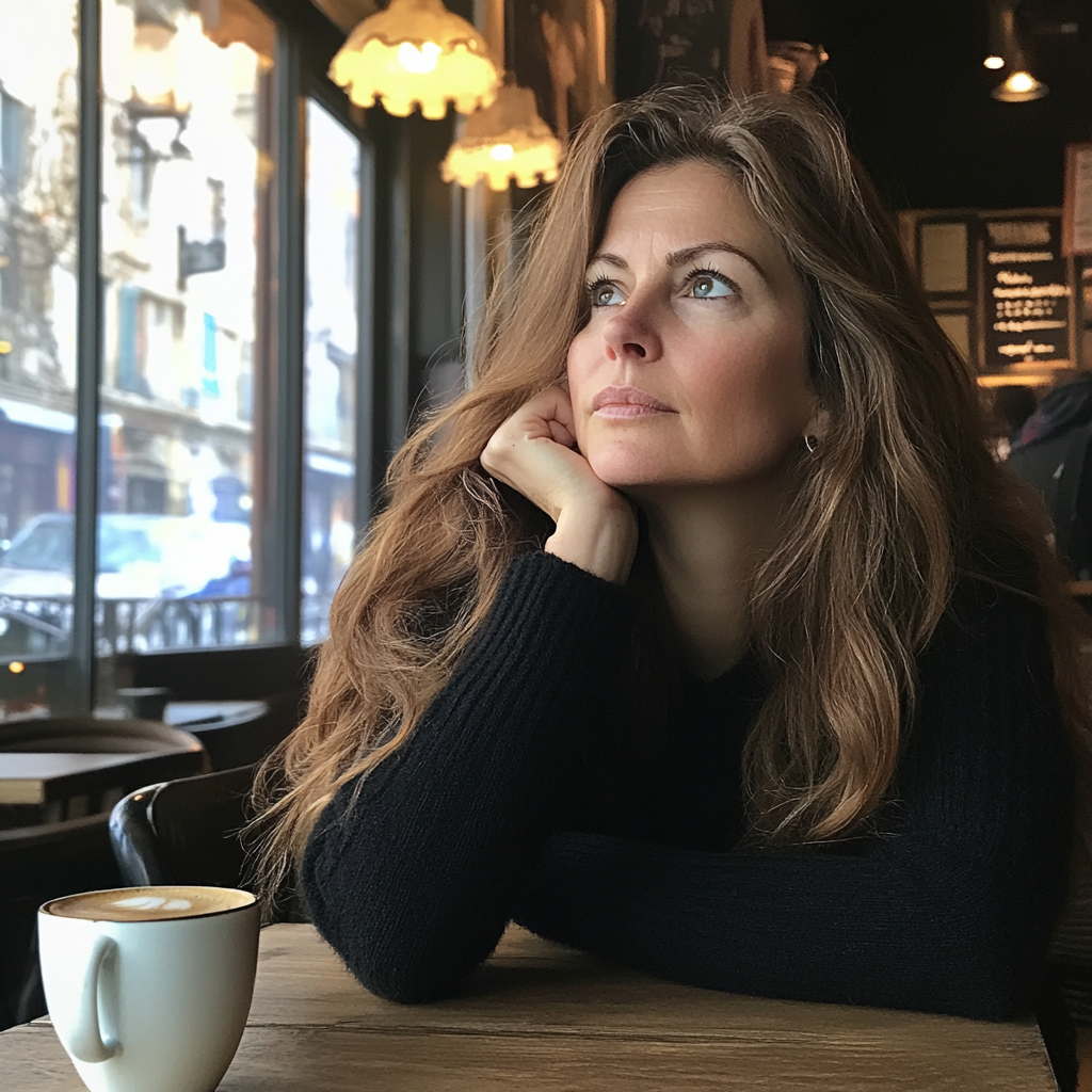 A woman sitting in a coffee shop | Source: Midjourney