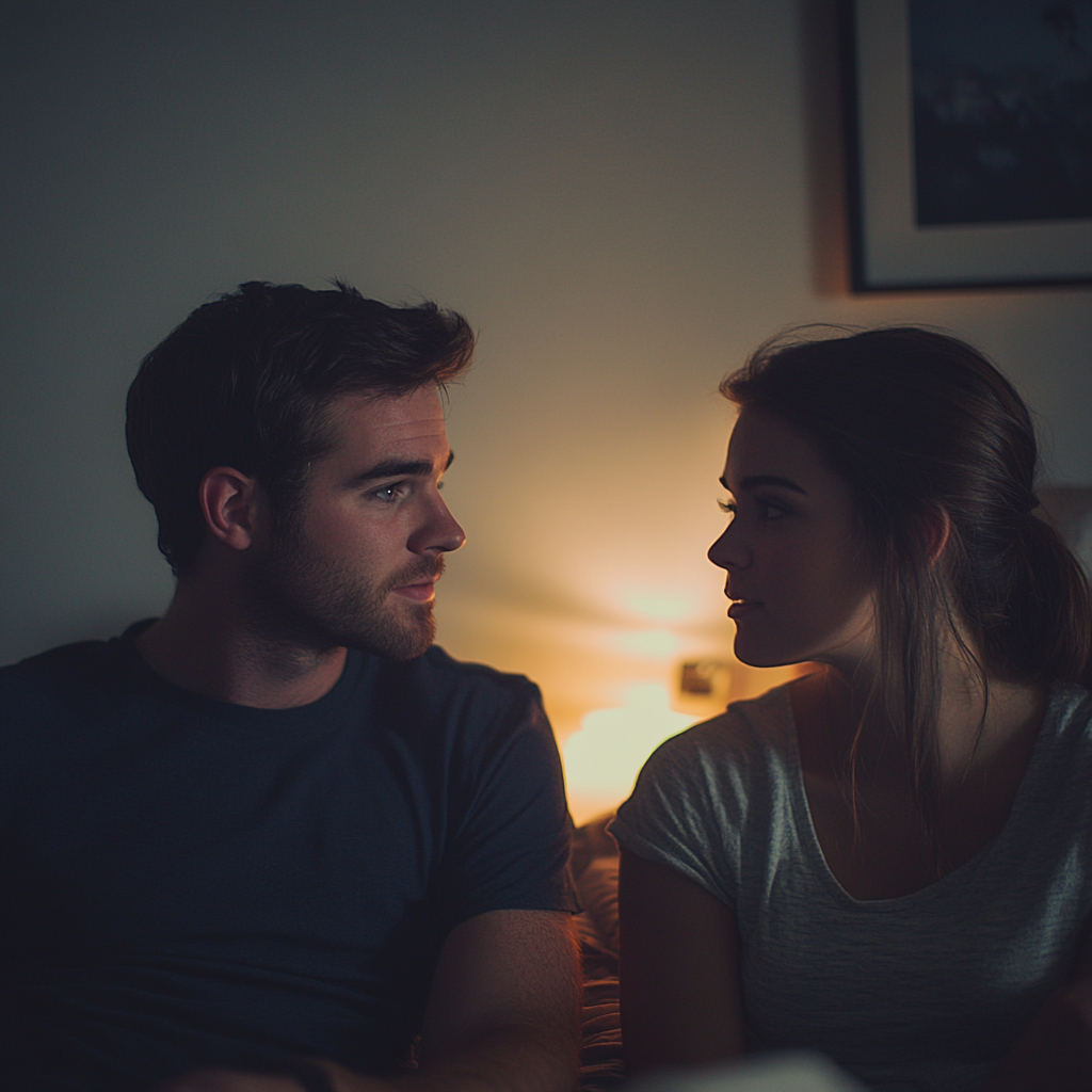 Una pareja conversando seriamente en su dormitorio | Fuente: Midjourney