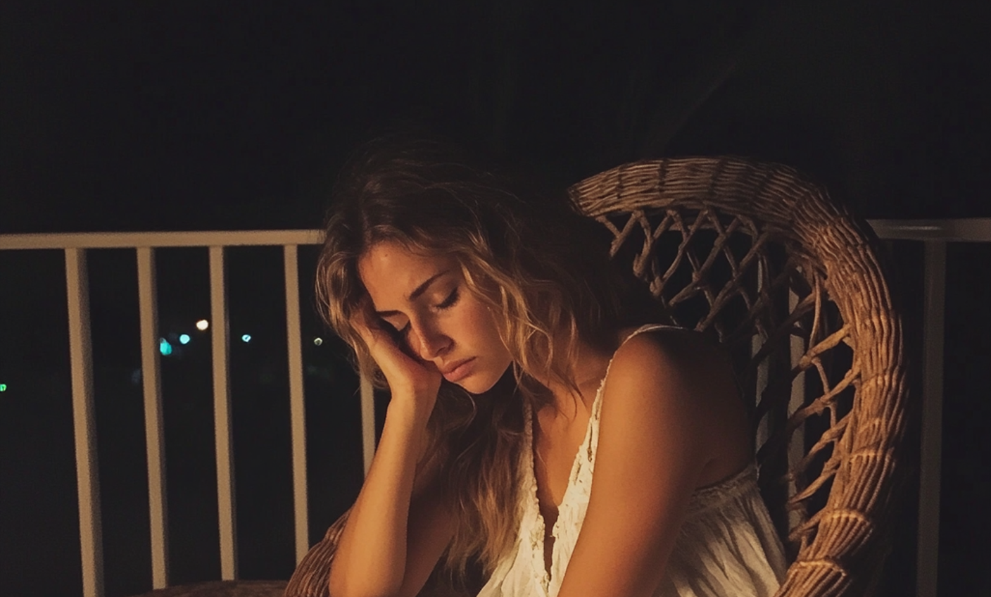 An emotional woman sitting in a wicker chair | Source: Midjourney