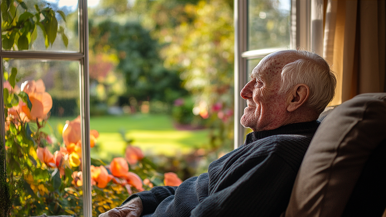 An elderly man looking out at his garden | Source: Midjourney