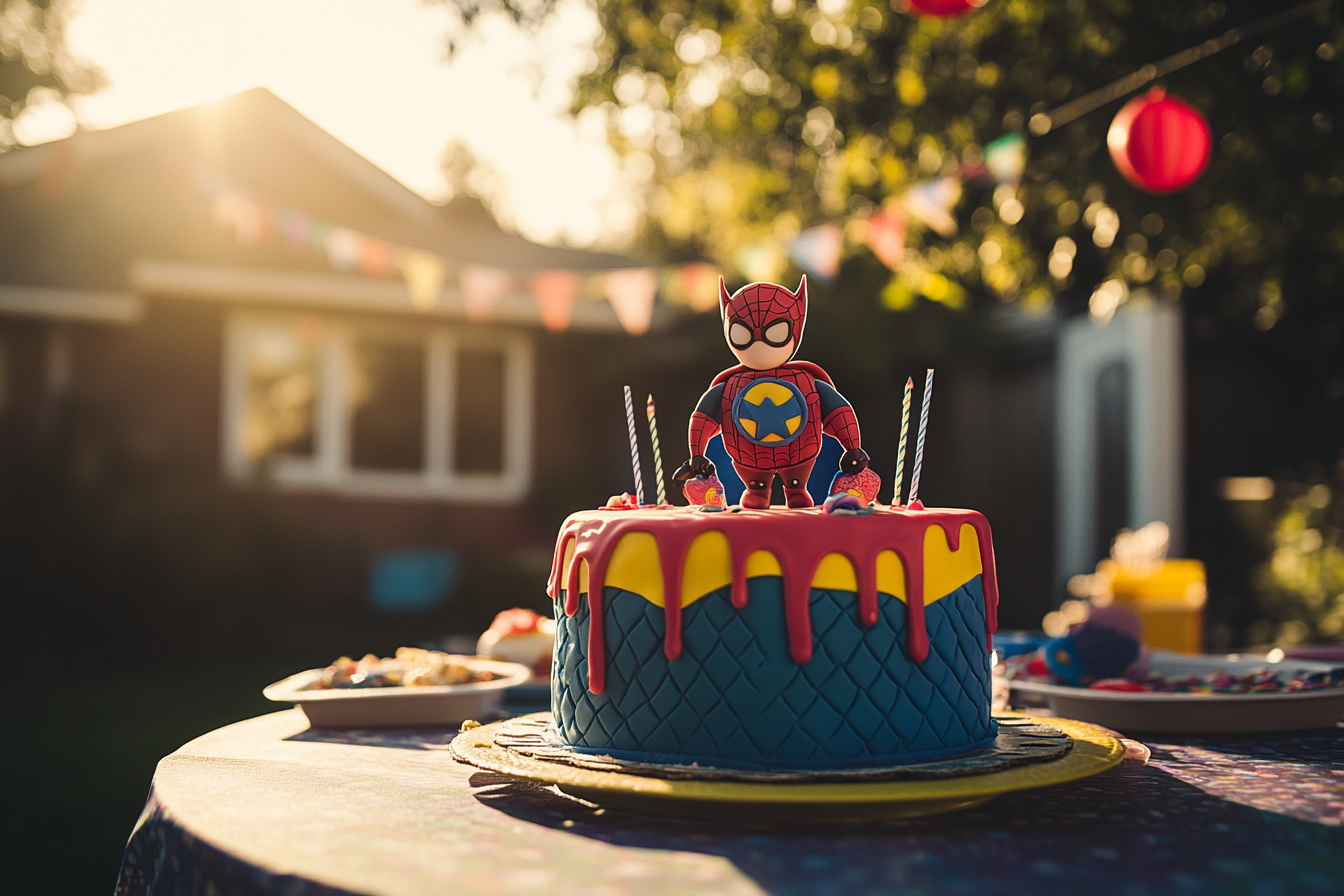 A superhero birthday cake on top of a table at a backyard birthday party | Source: Midjourney