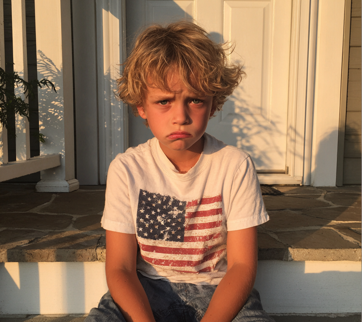 An upset little boy sitting on a porch | Source: Midjourney