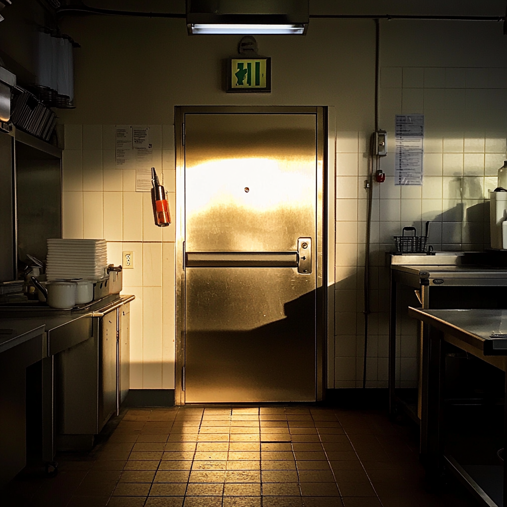 A door in a restaurant kitchen | Source: Midjourney