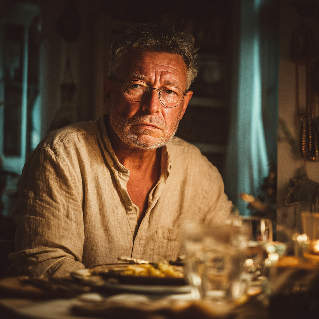 A frowning older man wearing a linen shirt | Source: Midjourney