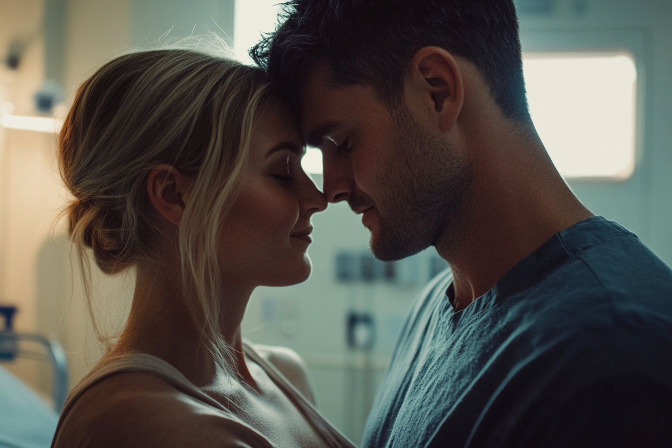 A happy couple in a hospital room | Source: Midjourney